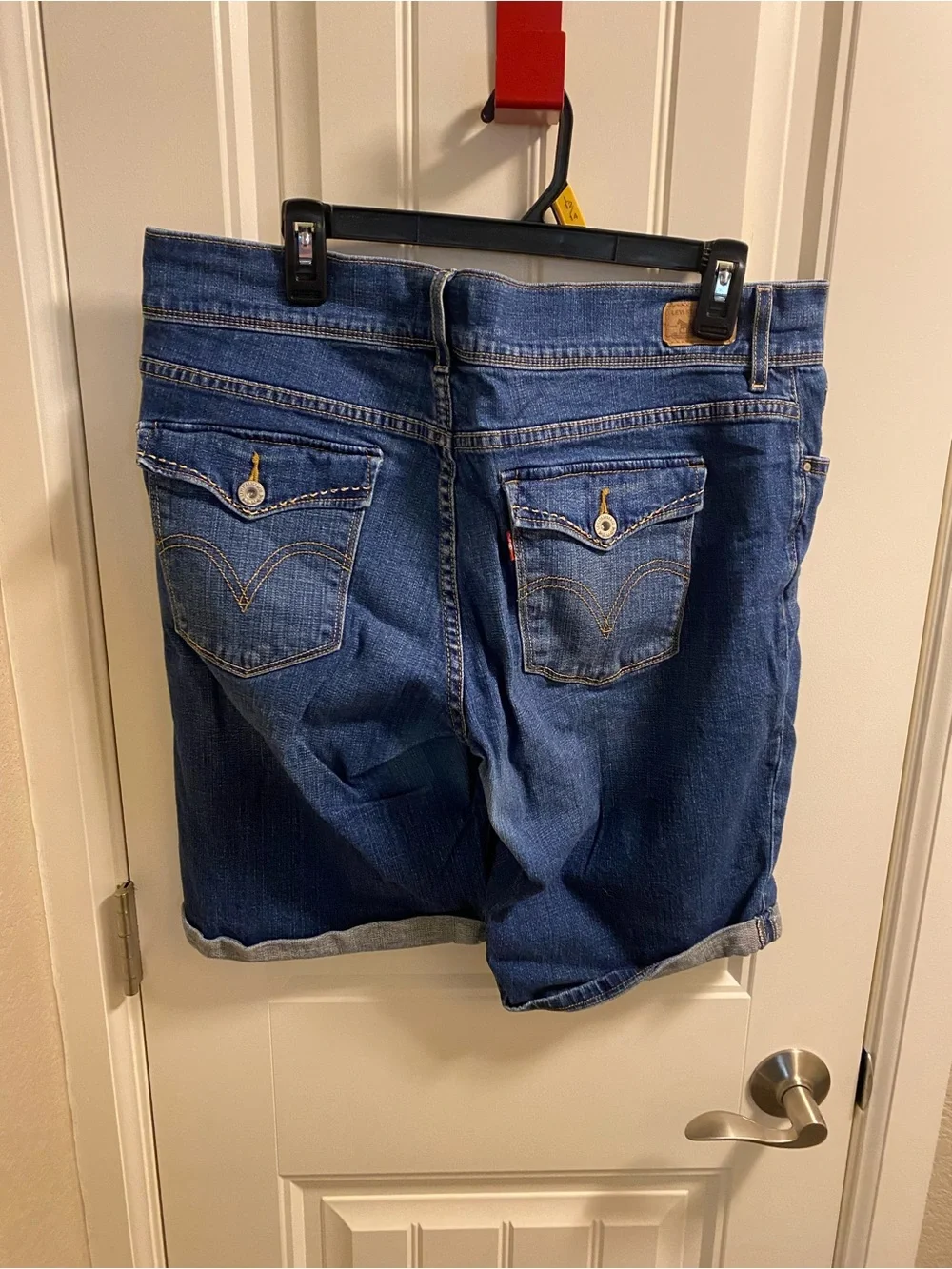Levis Jeans Shorts 515 Bermuda Stretch Blue Denim Rolled Cuff Flap Pockets